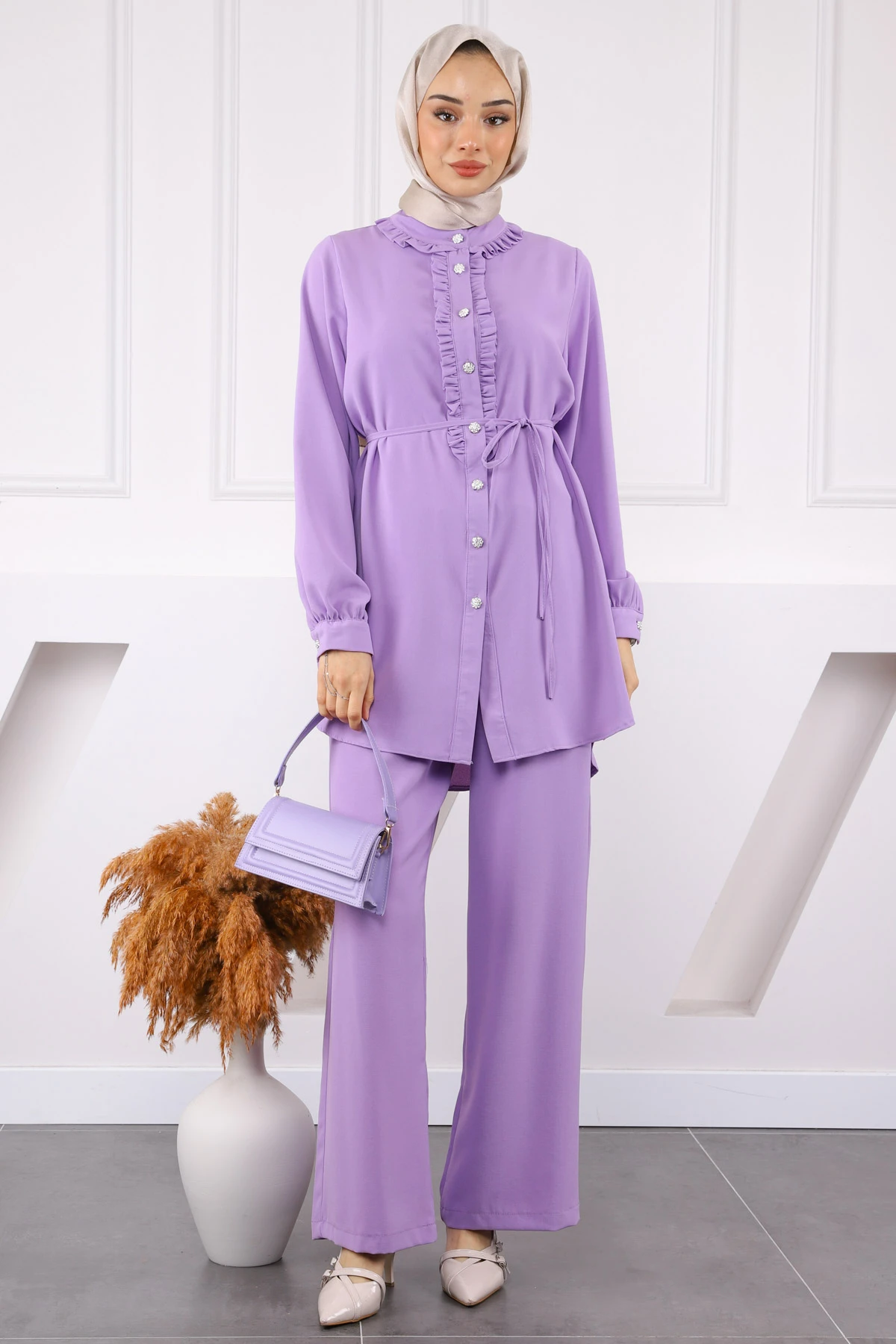 ぷりん様 Lila Önü Fırfırlı Tunik Pantolonlu Linda Takım
