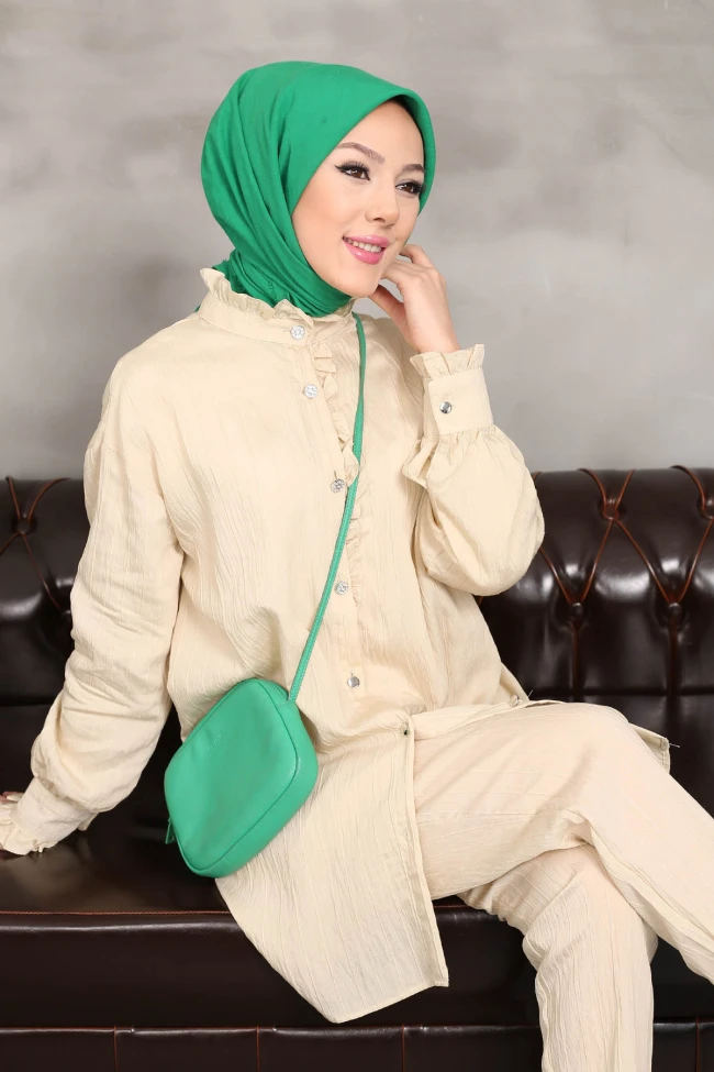 Bej Fırfırlı Tunik Pantolon Takım