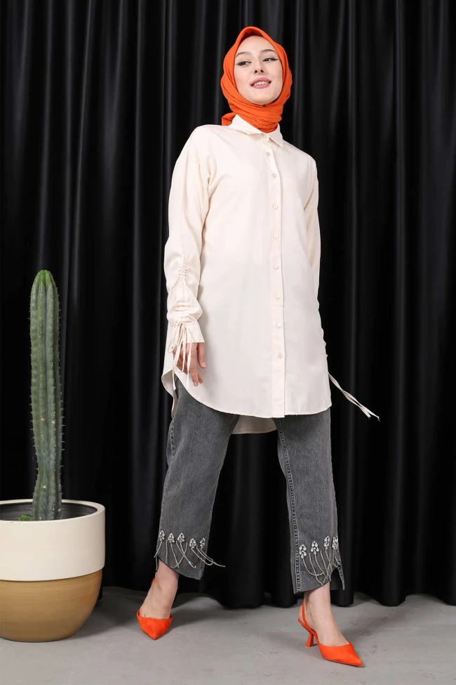 Bej Kol Büzgülü Tunik