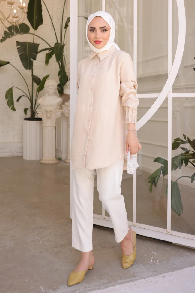 Bej Kol Taşlı Ayrobin Gömlek