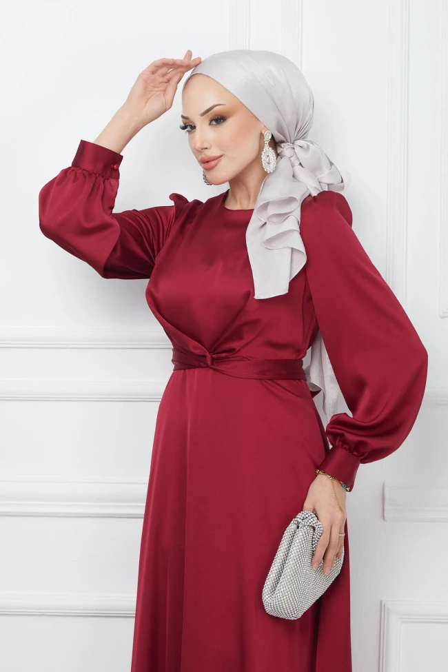 Bordo Bağlama Detaylı Saten Abiye