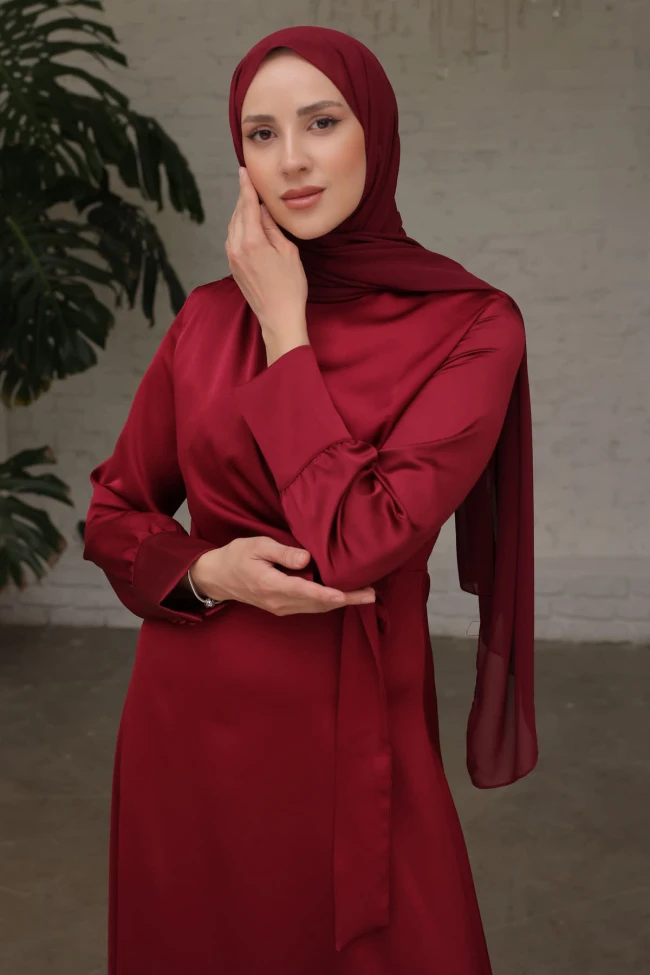 Bordo Bağlamalı Saten Abiye