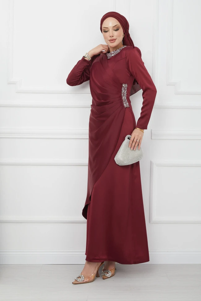 Bordo Drapeli Taşlı Saten Abiye