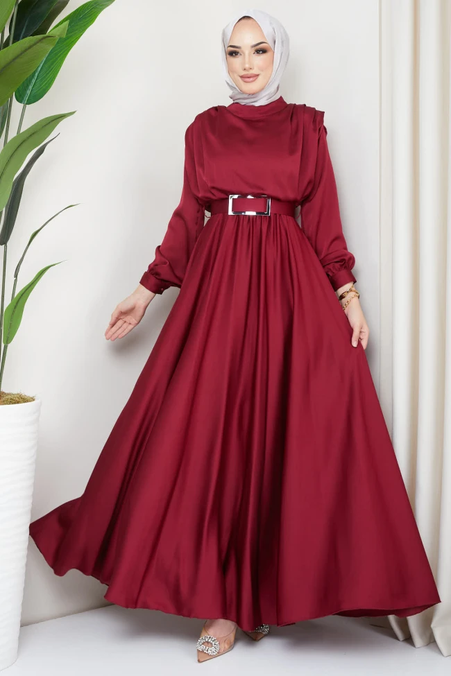 Bordo Omuz Drapeli Saten Abiye