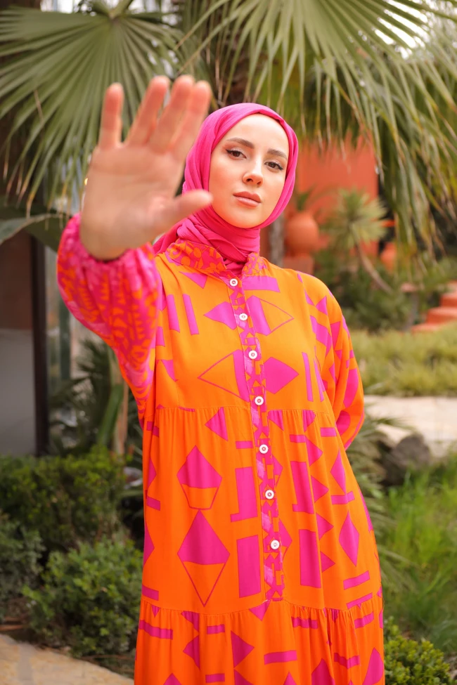 Fuşya Hakim Yaka Düğmeli Kol Lastikli Desenli Viscon Elbise