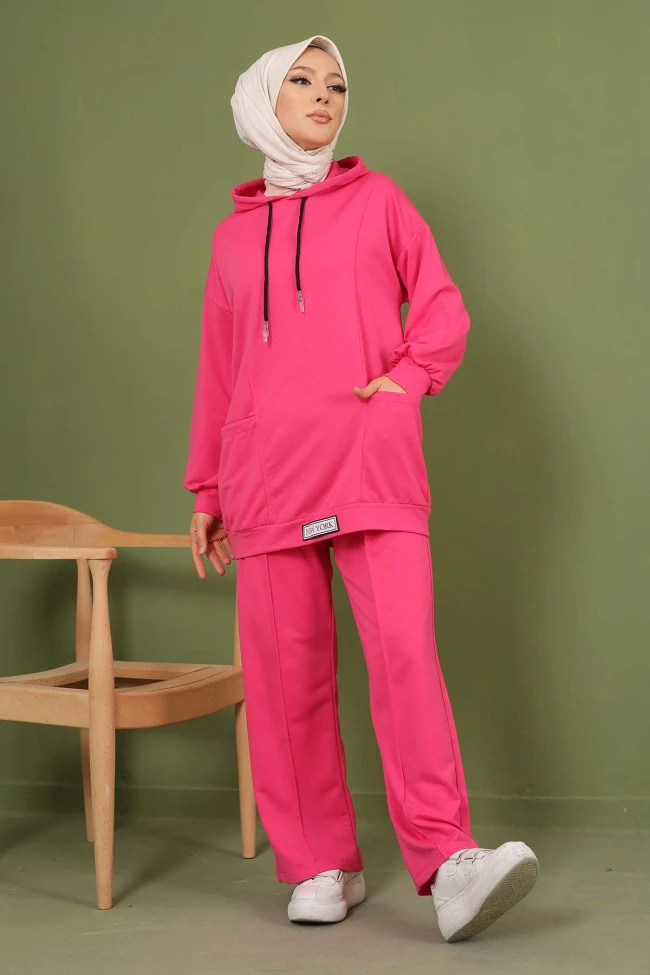 Fuşya Önü Etiketli İki İplik Tesettür Takım
