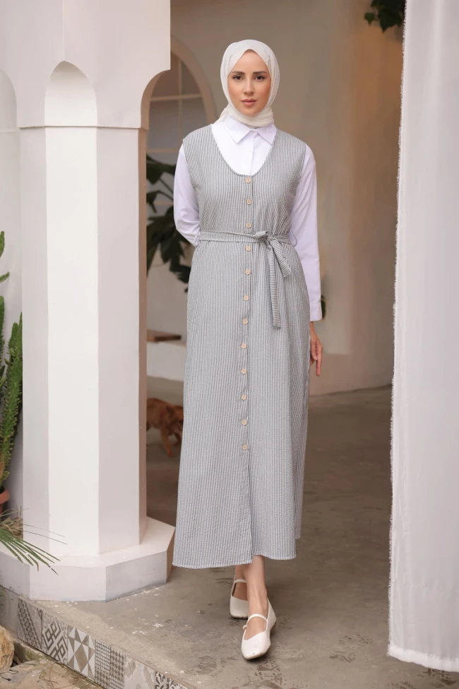 Gri Boydan Düğmeli Gömlekli Jile Elbise