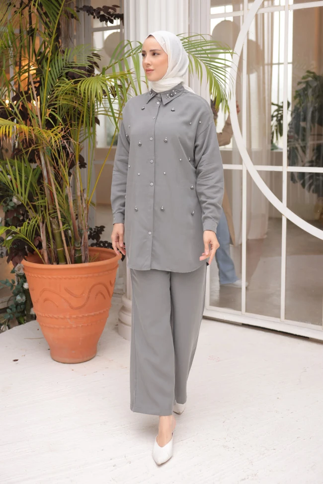 Gri Taşlı Tunik Pantolon Takım