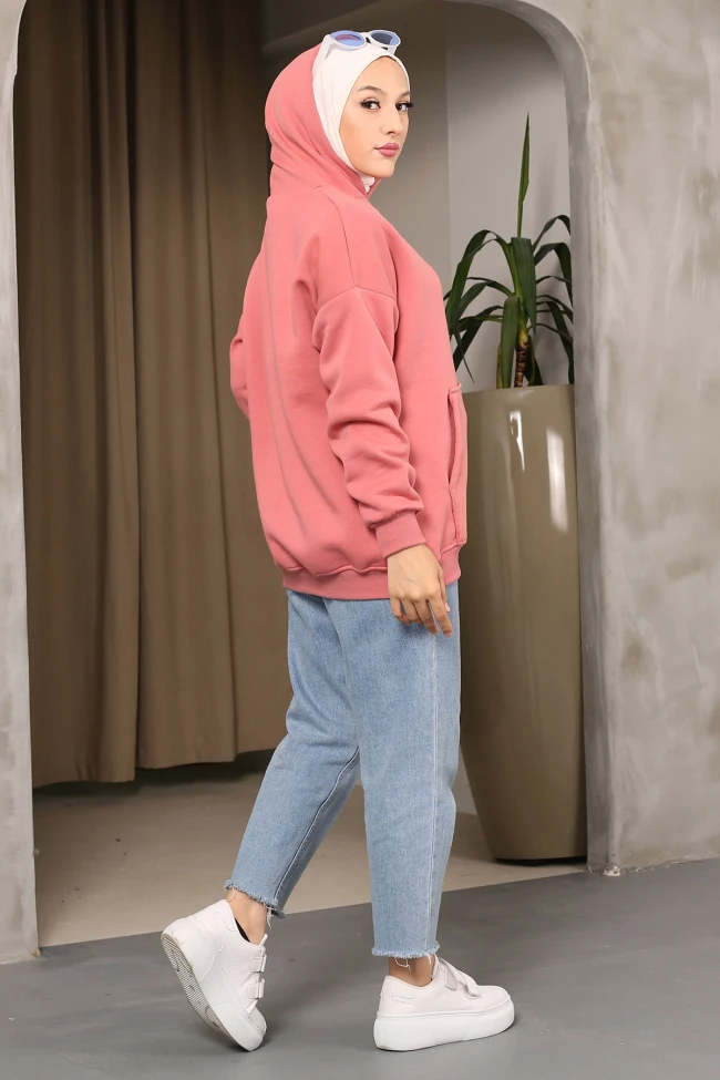 Gül Kurusu Kapüşonlu Oversize Üç İplik Şardonlu Sweatshirt
