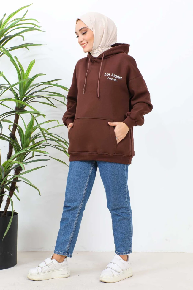 Kahverengi Kapüşonlu Üç İplik Şardonlu Sweatshirt