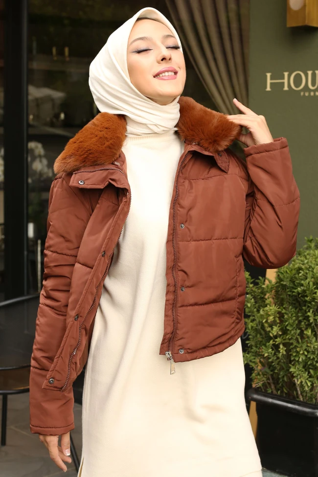 Kahverengi Yaka Kürklü Memory Şişme Mont