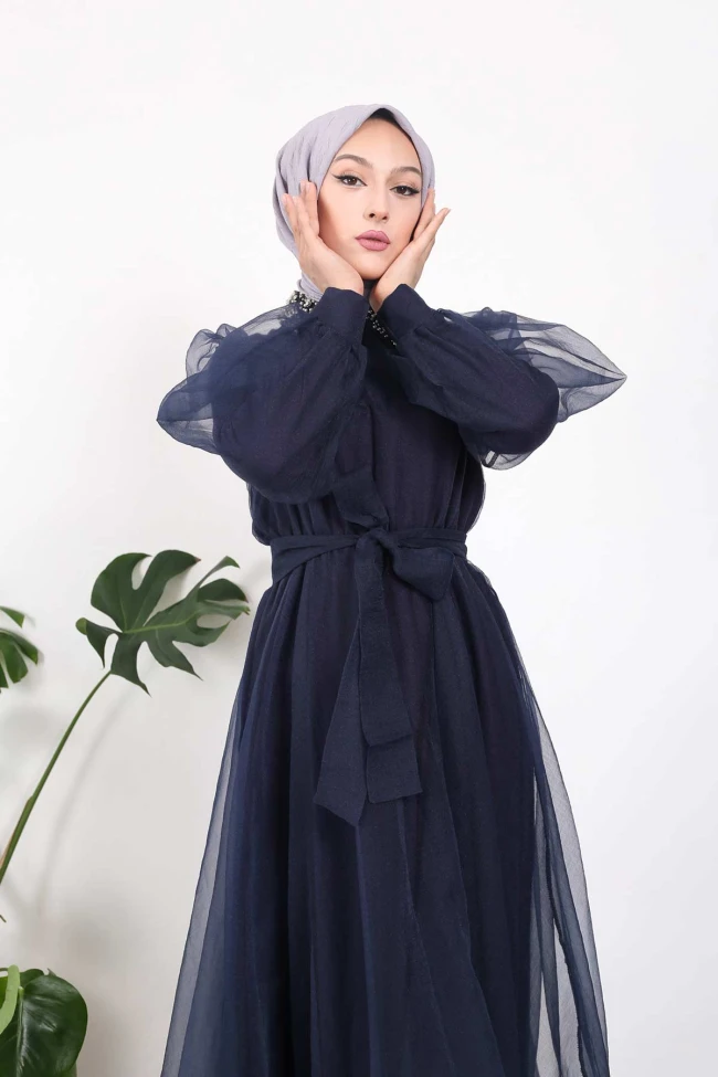 Lacivert Yaka Taşlı Balon Kol Abiye