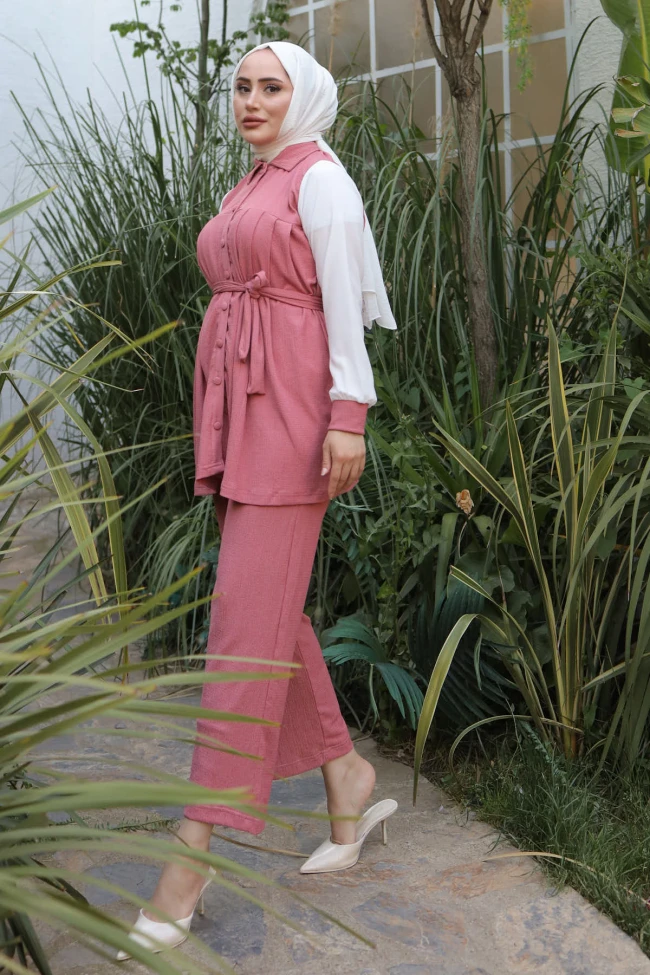 Pembe Önü Pileli Kolları Garnili Pantolon Takım