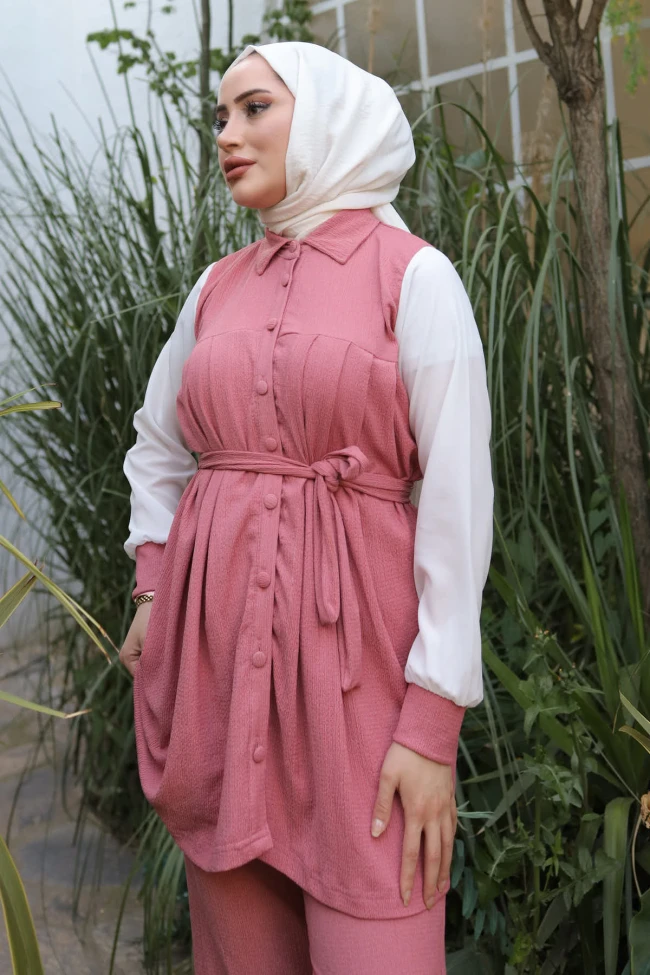 Pembe Önü Pileli Kolları Garnili Pantolon Takım