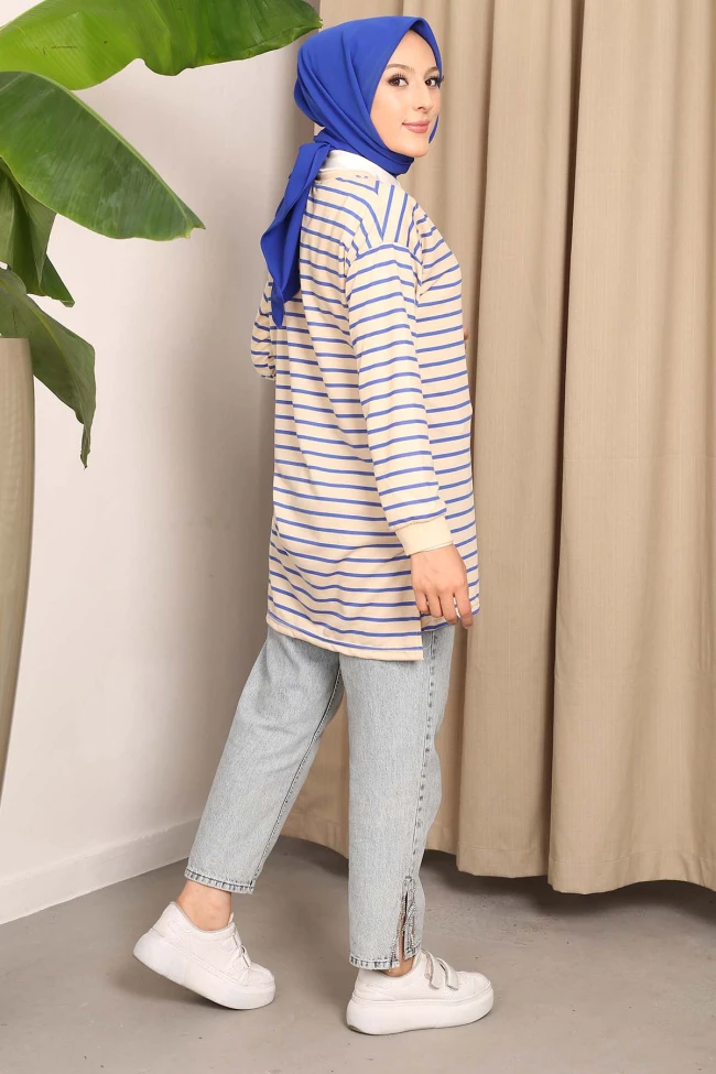 Saks Mavi Yan Yırtmaçlı Çizgili Tunik