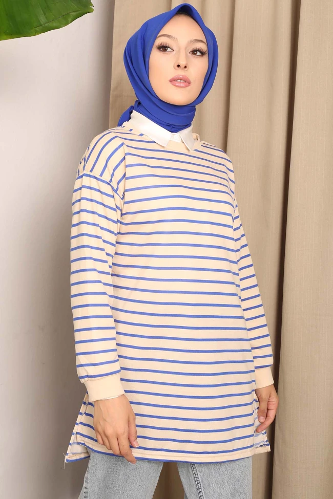 Saks Mavi Yan Yırtmaçlı Çizgili Tunik