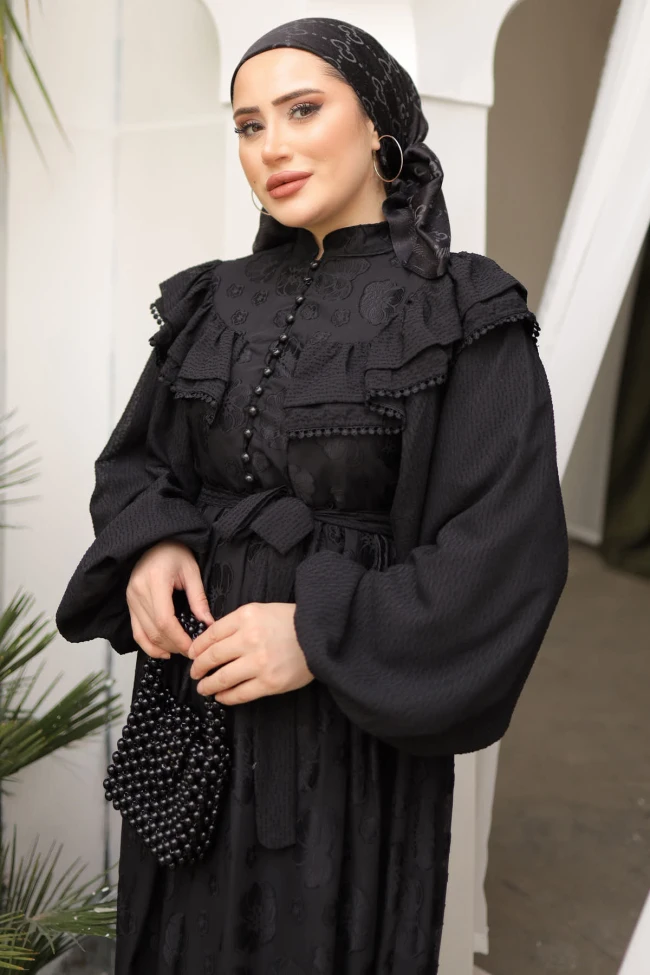 Siyah Balon Kol Yaka Detaylı Şifon Elbise