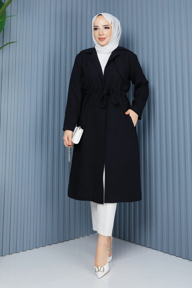 Siyah Gömlek Yaka Bel Büzgülü Cepli Kap