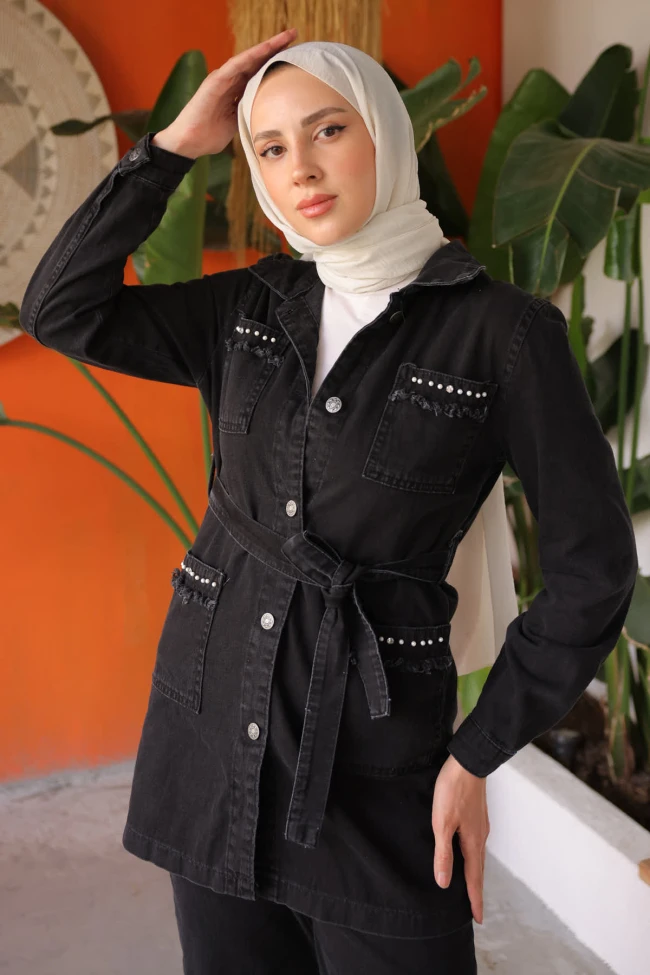 Siyah Taşlı İncili Püsküllü Kot Takım