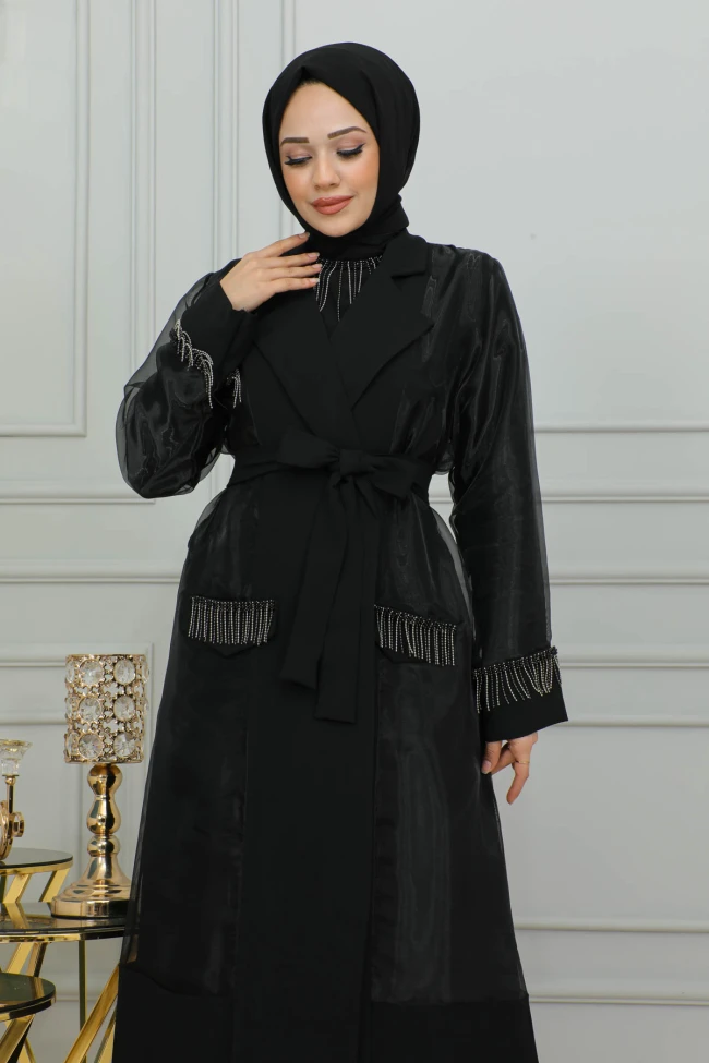 Siyah Zincir Detaylı Ceketli İkili Abaya Takım