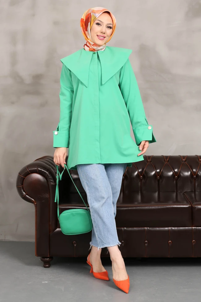 Yeşil Yaka Detaylı Poplin Tunik