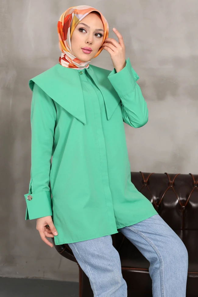 Yeşil Yaka Detaylı Poplin Tunik