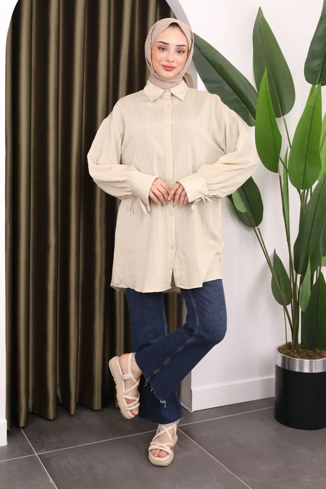 Bej Kol Detaylı Tunik