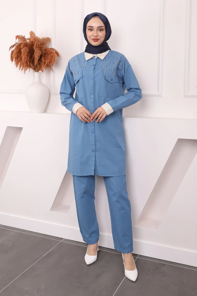 İndigo Taşlı Tunik Pantolon Takım