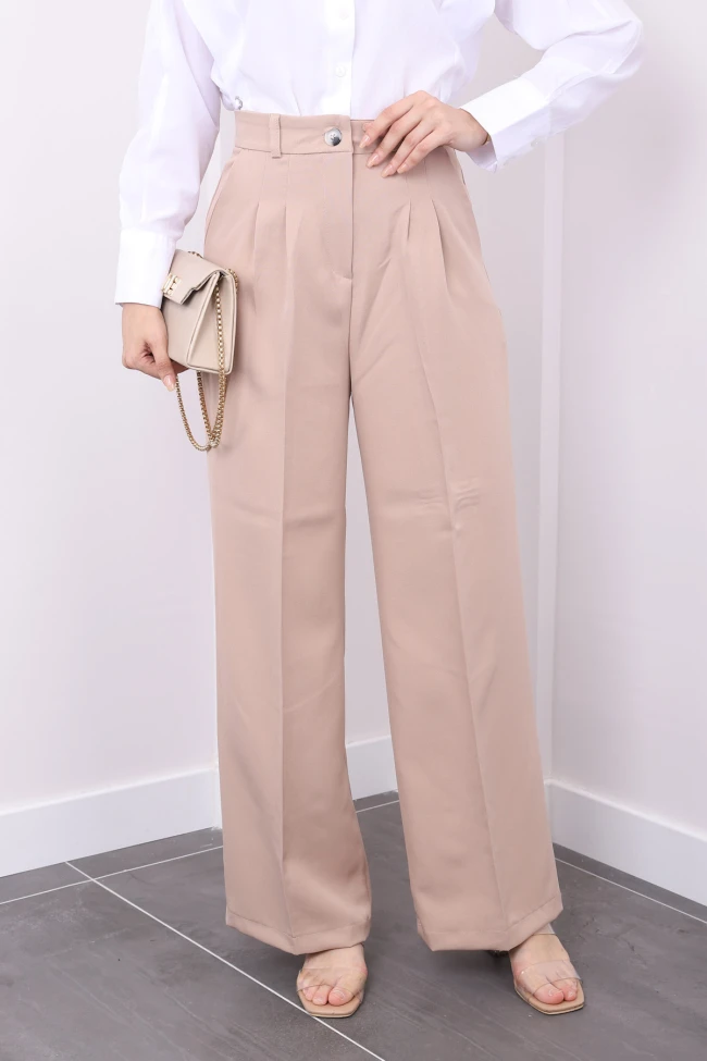 Bej Yüksel Bel Bol Paça Pantalon