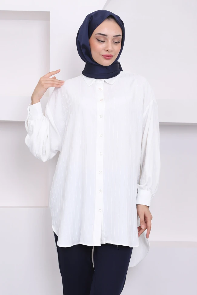 Ekru Çizgili Salaş Gömlek