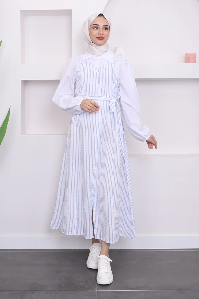 Mavi Çizgi Detaylı Gömlek Kombinli Jile Elbise