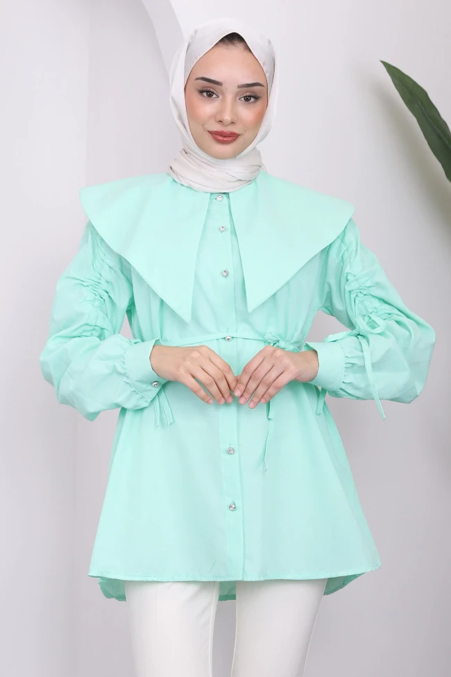 Mint Kol Detaylı Bel Bağlamalı Tunik