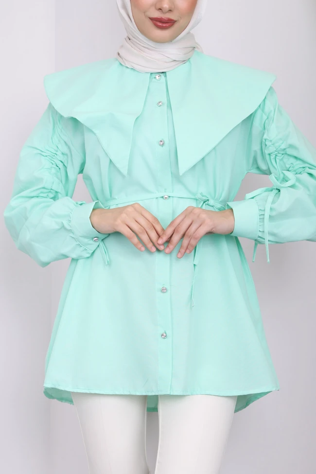 Mint Kol Detaylı Bel Bağlamalı Tunik
