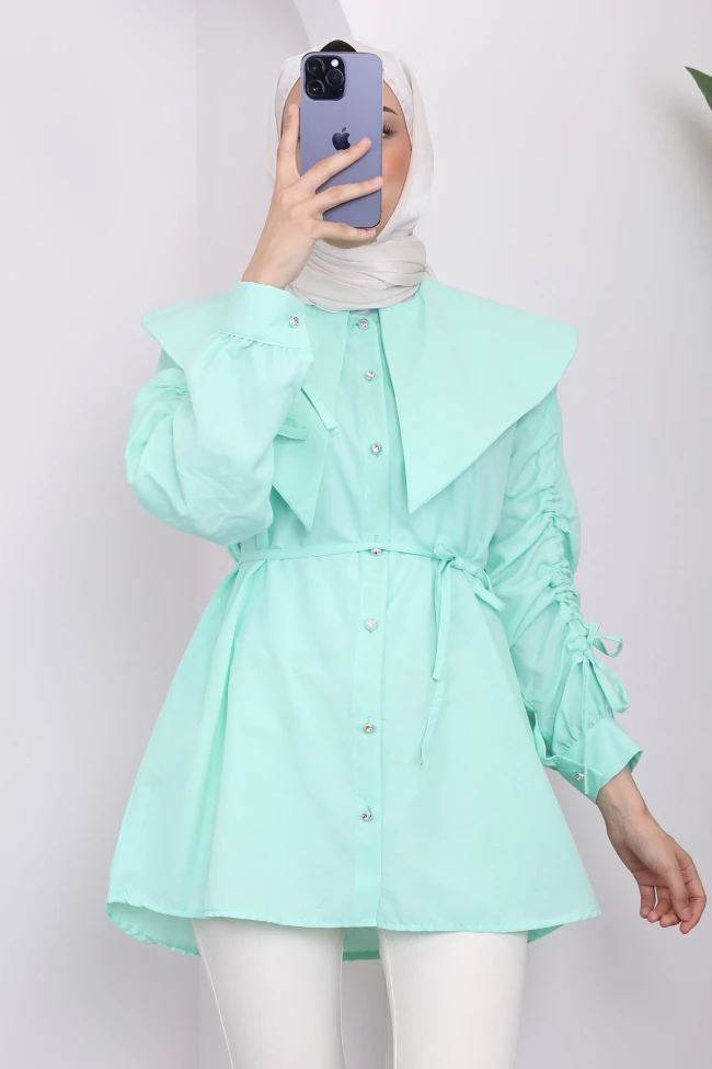 Mint Kol Detaylı Bel Bağlamalı Tunik