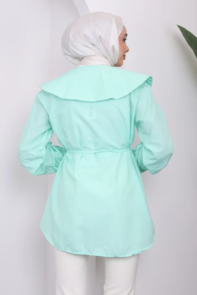 Mint Kol Detaylı Bel Bağlamalı Tunik