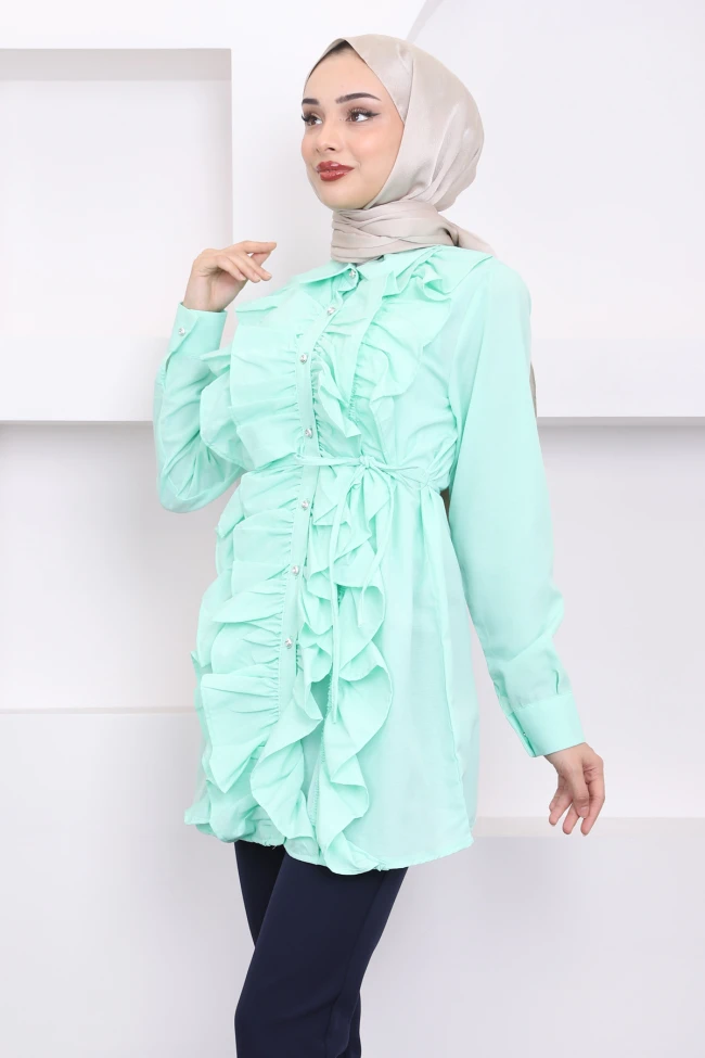 Mint Ön Fırfırlı Bağlamalı Poplin Tunik