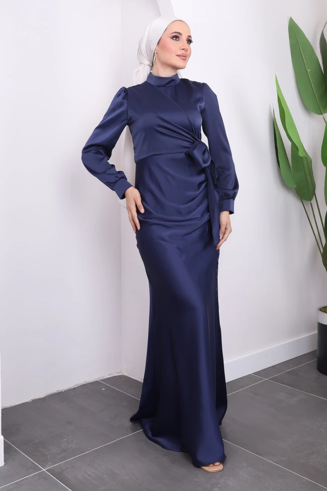 Lacivert Ön Detaylı Drapeli Saten Abiye