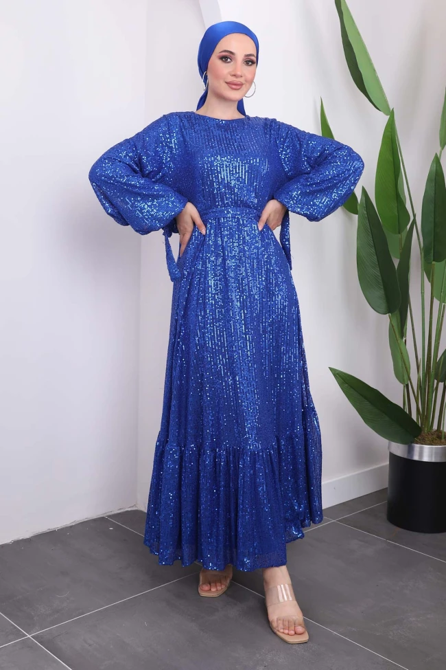 Saks Payetli Kolları Bağlamalı Abiye