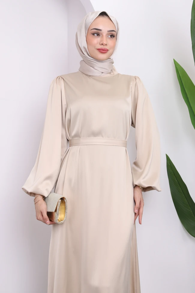 Bej Hakim Yaka Balon Kol Saten Elbise