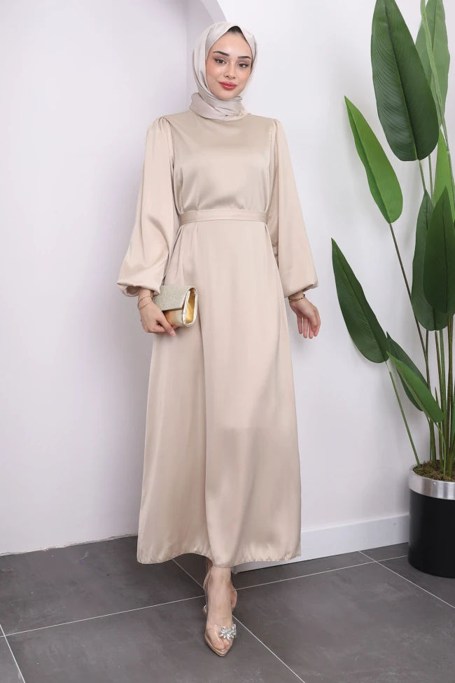 Bej Hakim Yaka Balon Kol Saten Elbise