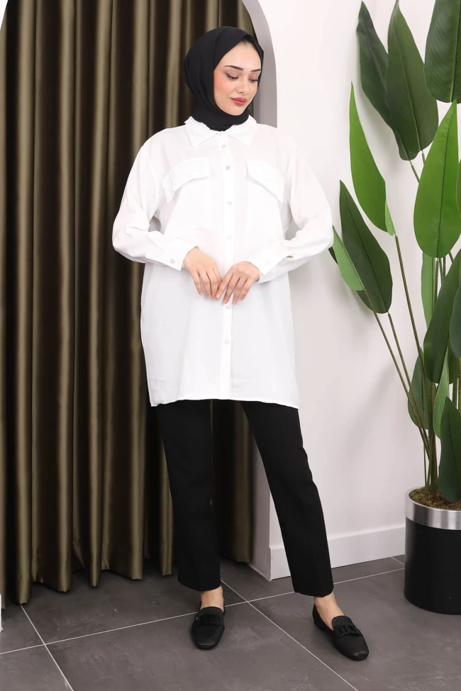 Beyaz Yaka Cep Dantel Detaylı Gömlek