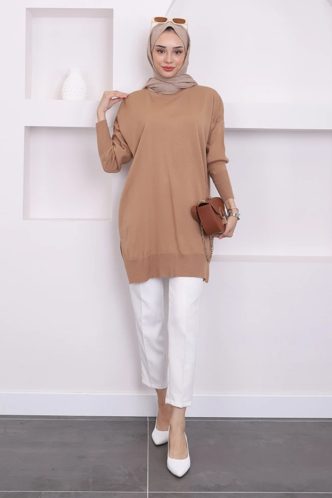 Bisküvi Bisiklet Yaka İnce Merserize Salaş Triko Tunik