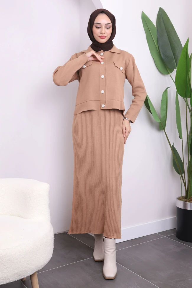 Bisküvi Crop Ceket Elbise İkili Kombin Triko Takım