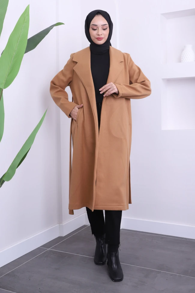 Camel Bel Kuşaklı Kaşe Kaban