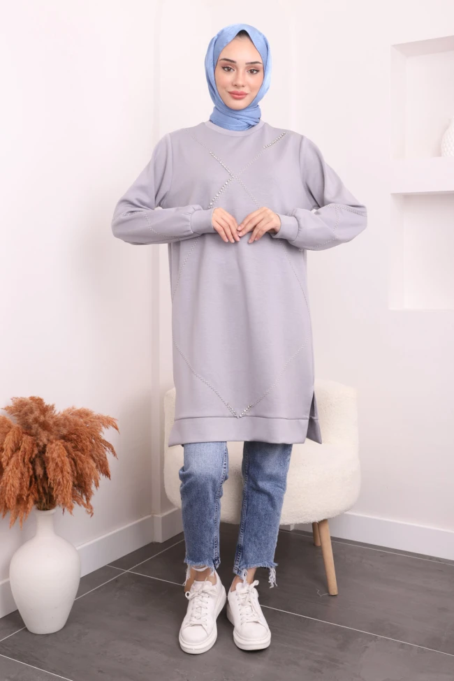 Gri Nakışlı Oysho Tunik