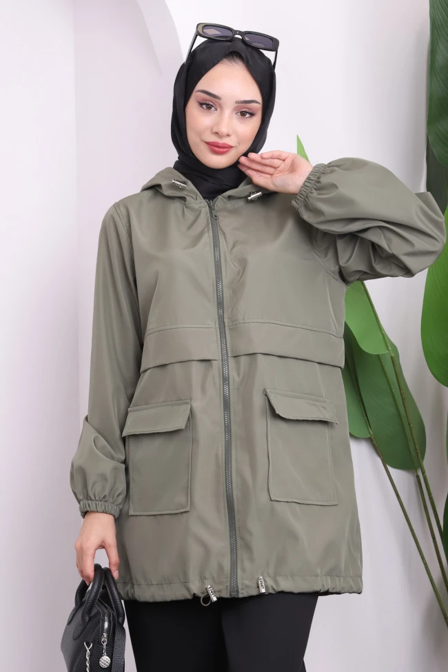 Haki Kapüşonlu Fermuarlı Kısa Trenç