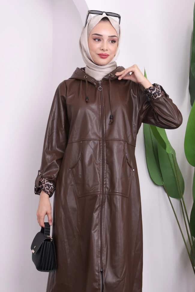 Kahverengi Kapüşonlu Kol Katlı Deri Trençkot