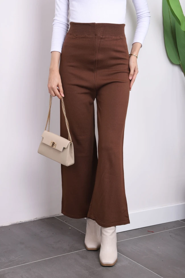 Kahverengi Yüksek Bel Bol Paça Triko Pantolon