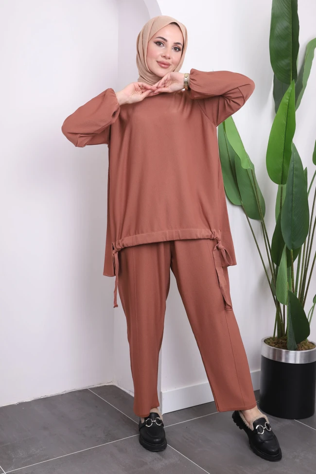 Kiremit Soğuk İplik Pantolonlu Tunik Triko Takım