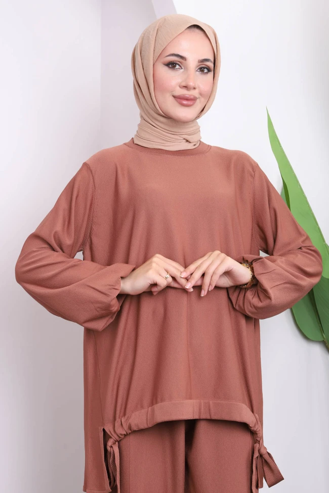 Kiremit Soğuk İplik Pantolonlu Tunik Triko Takım